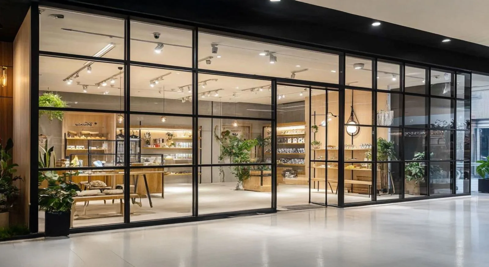 Toughened glass shop front with black frames on a retail store