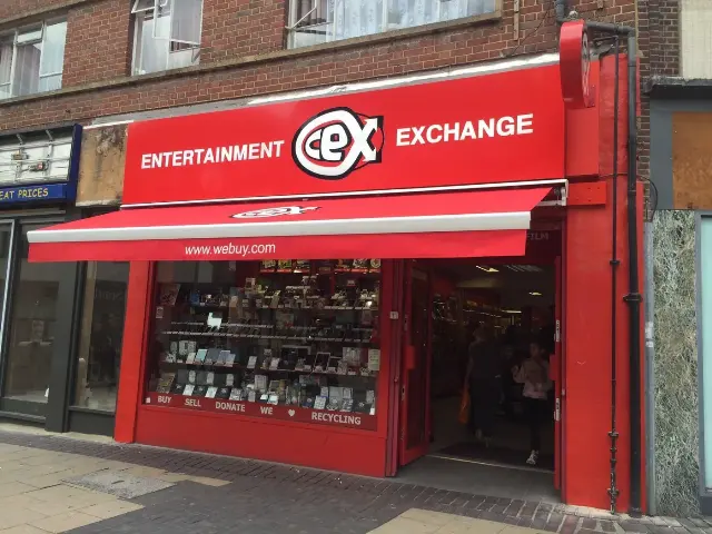 Retail shopfront with red awning installed for CeX