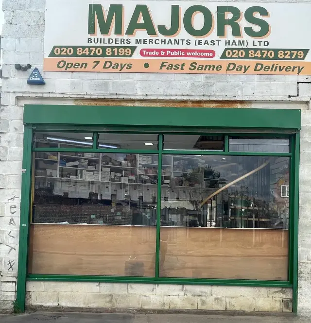 Green framed glass shopfront for Majors Builders Merchants